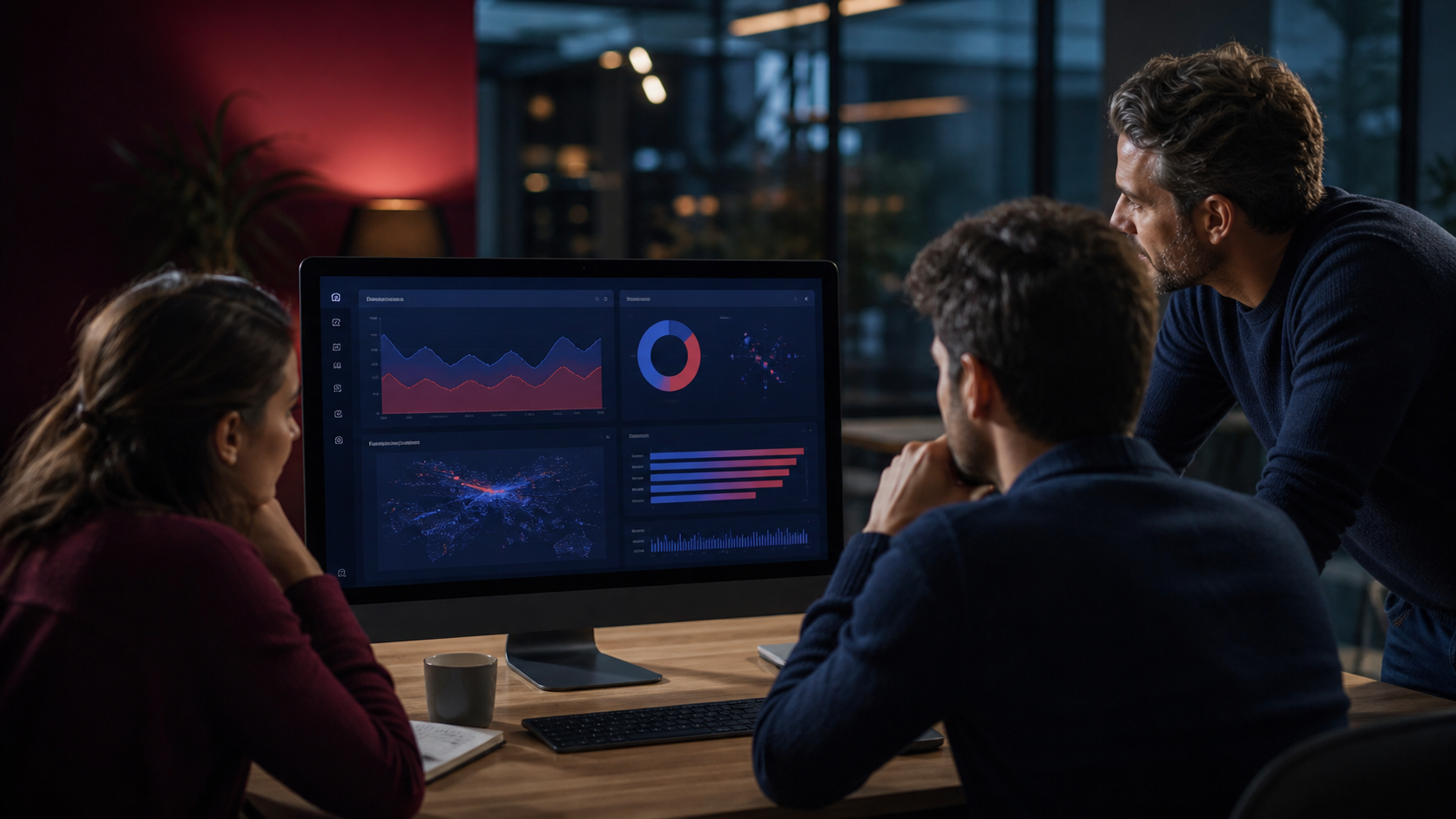 Équipe utilisant IA pour analyser les avis clients sur un tableau de bord