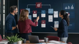 Équipe construisant une GrowthMap marketing avec objectifs, canaux et mesures