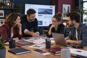 Équipe en charge de la création d'un site web préparant la stratégie et les maquettes