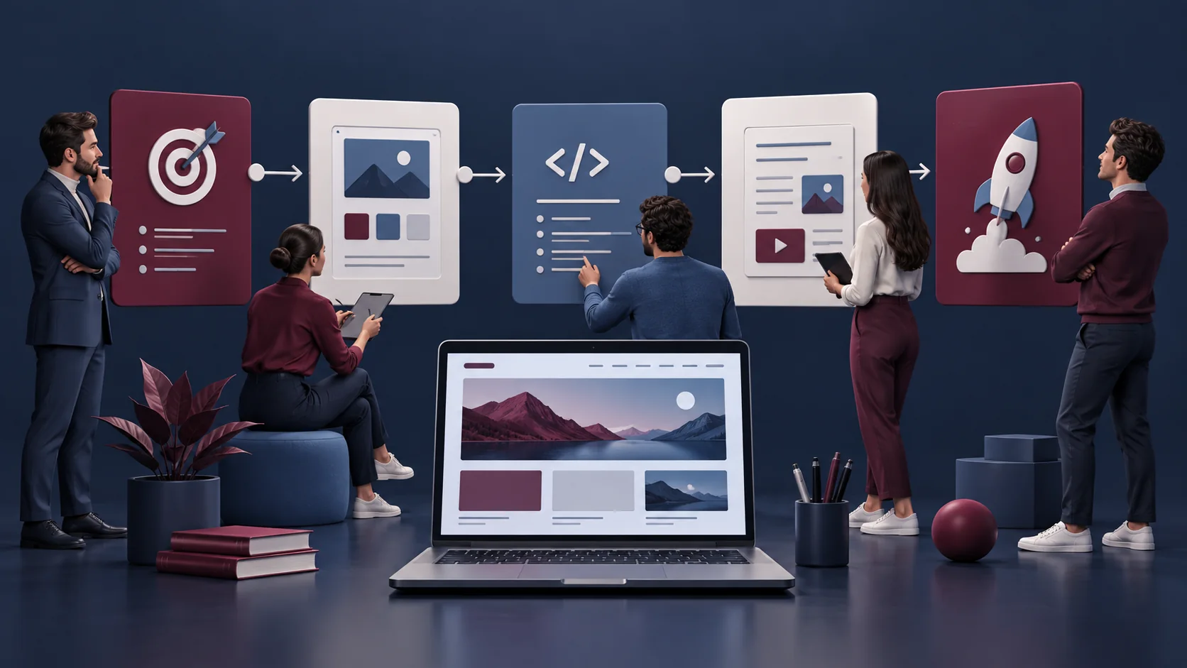 en charge de la création d'un site web – répartition des étapes en charge de la création d'un site web avec une équipe répartissant les étapes du projet