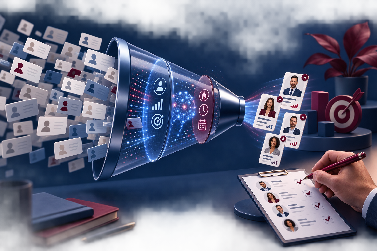IA pour qualifier les prospects B2B – analyse du scoring IA pour qualifier les prospects B2B analysant un entonnoir de contacts